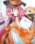  candy dress ghost halloween hat jack-o'-lantern kazra lollipop long_hair pink_eyes pink_hair pumpkin saigyouji_yuyuko shikishi touhou traditional_media witch_hat young 