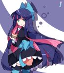  bow cake dress food fruit green_eyes hair_bow ideolo long_hair multicolored_hair panty_&amp;_stocking_with_garterbelt solo stocking_(character) stocking_(psg) strawberry striped striped_legwear striped_thighhighs thigh-highs thighhighs two-tone_hair 