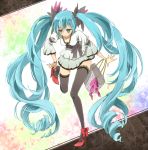  aqua_eyes aqua_hair bad_id bag bow bracelet dress hatsune_miku high_heels jewelry lace lace-trimmed_thighhighs long_hair mino_mokkori necklace putting_on_shoes shoes solo thigh-highs thighhighs twintails very_long_hair vocaloid world_is_mine_(vocaloid) 