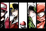  4boys backwards_hat baseball_cap beret black_hair blue_eyes blue_hair brown_eyes gold_(pokemon) grey_eyes grin hat hoodie kouki_(pokemon) male multiple_boys nintendo poke_ball pokemon pokemon_(game) popped_collar red_(pokemon) scarf shadow short_hair smile vest yuuki_(pokemon) zipper 