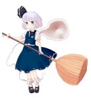  bamboo_broom blue_eyes bob_cut broom ghost hair_ribbon highres konpaku_youmu konpaku_youmu_(ghost) mary_janes muku-coffee myon ribbon shoes short_hair silver_hair smile solo touhou white_hair 