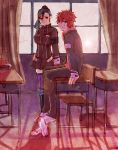  black_hair desk katekyo_hitman_reborn kozato_enma red_eyes red_hair school shoes sitting suzuki_adelheid window 