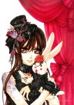  absurdres brown_eyes brown_hair cross_yuki cross_yuuki flower gothic gothic_lolita hat highres hino_matsuri holding lolita_fashion long_hair mini_top_hat nail_polish red_rose rose solo stuffed_animal stuffed_bunny stuffed_toy top_hat vampire_knight watermark 