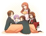  asahina_mikuru brown_eyes brown_hair cardigan grey_hair kinokosuke koizumi_itsuki kotatsu kyon long_hair nagato_yuki school_uniform short_hair suzumiya_haruhi suzumiya_haruhi_no_yuuutsu table thigh-highs thighhighs 