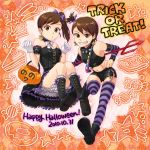  bloomers brown_eyes brown_hair dress frills futami_ami futami_mami gloves halloween highres idolmaster idolmaster_2 jack-o&#039;-lantern jack-o'-lantern long_hair mixo polearm pumpkin short_hair siblings side_ponytail sisters striped striped_legwear striped_thighhighs thigh-highs thighhighs trident twins weapon 