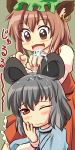 animal_ears blush brown_eyes brown_hair capelet cat_ears chen dokuta drooling earrings grey_hair highres jewelry mouse_ears multiple_girls nazrin red_eyes saliva short_hair touhou wince 