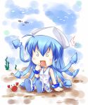  blue_hair bracelet chibi crab fijimoto_akio fujimoto_akio hat ikamusume jewelry long_hair shinryaku!_ikamusume solo tentacle_hair tentacles underwater 