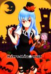  blue_hair candy halloween hat jack-o&#039;-lantern jack-o'-lantern kamishirasawa_keine lollipop long_hair pumpkin puranerairaku red_eyes solo touhou 