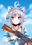  1girl ak-47 animal_ears antenna_hair assault_rifle bangs blue_eyes blue_flower blue_jacket blue_sky cat_ear_headphones cat_ears cat_hair_ornament closed_mouth clouds collarbone commentary_request day dennou_shoujo_youtuber_siro dress eyebrows_visible_through_hair fake_animal_ears flower grey_hair gun hair_between_eyes hair_flower hair_ornament headphones heart heart-shaped_pupils holding holding_gun holding_weapon jacket juliet_sleeves long_sleeves okiru outdoors outline puffy_short_sleeves puffy_sleeves rifle short_over_long_sleeves short_sleeves siro_(dennou_shoujo_youtuber_siro) sky smile solo symbol-shaped_pupils upper_body virtual_youtuber weapon white_dress white_flower white_outline 