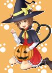  bitan boots brown_eyes brown_hair cat_ears cat_tail chen earrings fang halloween hat heart heart_tail highres jack-o&#039;-lantern jack-o'-lantern jewelry multiple_tails paw_pose pumpkin short_hair solo tail touhou wings witch_hat 