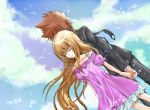  back_to_back brown_hair couple dress hand_holding katekyo_hitman_reborn long_hair orange_hair sasagawa_kyoko sawada_tsunayoshi 