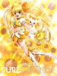  blonde_hair boots character_name cure_sunshine dress earrings flower hair_ribbon heartcatch_precure! instrument jewelry long_hair magical_girl midriff myoudouin_itsuki potpourri_(heartcatch_precure!) potpourri_(precure) precure ribbon sekken_kasu_barrier shiny_tambourine sunbeam sunlight tambourine title_drop twintails want yellow yellow_background yellow_eyes 