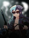  1girl :&lt; arnold_schwarzenegger belt biker_clothes blue_hair cosplay crossover glowing_eye gun hat ikamusume leather_jacket long_hair motor_vehicle motorcycle omotyanoneko open_clothes open_jacket parody shinryaku!_ikamusume shotgun solo sunglasses t-800 terminator vehicle weapon 