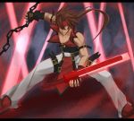  belt brown_hair chain fingerless_gloves gloves grin guilty_gear hair_over_one_eye headband long_hair male red_eyes shuugetsu_karasu smile sol_badguy solo sword weapon 