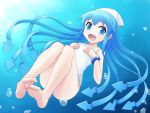  blue_eyes blue_hair hat ikamusume long_hair one-piece_swimsuit pikuharu shinryaku!_ikamusume solo swimming swimsuit tentacle_hair underwater 