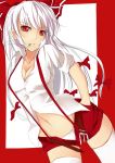  belt blue_eyes bow breasts cigarette cleavage fujiwara_no_mokou grin hair_bow hands_in_pockets long_hair nanahara_fuyuki navel open_clothes red_eyes shorts sleeves_rolled_up smile smoking solo suspenders thigh-highs thighhighs touhou undone very_long_hair white_hair white_legwear white_shirt white_thighhighs 