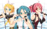  achunchun bare_shoulders bespectacled blonde_hair blue-framed_glasses chun_(friendly_sky) detached_sleeves drill_hair glasses green_eyes hair_ornament hairclip hatsune_miku headphones kagamine_rin kasane_teto long_hair looking_at_viewer microphone multiple_girls nail_polish open_mouth perfume pink_hair red-framed_glasses red_eyes short_hair singing twin_drills twintails utau v v_over_eye vocaloid vocaloid_(lat-type_ver) 