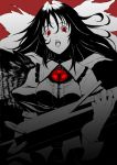  bust crazy crazy_eyes face from_below long_hair monochrome radiation_symbol red_eyes reiuji_utsuho sabiirodoramu solo spot_color touhou weapon 