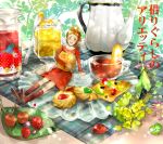  arm_support arrietty bag boots bouquet brown_hair cloth cookie cup dress flower food fruit ghibli highres in_food insect jam juice karigurashi_no_arrietty ladybug leaf lemon minigirl needle open_mouth pitcher ponytail red_dress saucer sitting spoon studio_ghibli teapot 