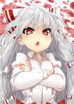  :&lt; bow can't_be_this_cute cool-kyou_shinja crossed_arms fujiwara_no_mokou hair_bow hair_ribbon highres kuuru_kyou_shinja long_hair ore_no_imouto_ga_konna_ni_kawaii_wake_ga_nai parody red_eyes ribbon silver_hair solo suspenders touhou 