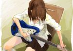  breasts brown_hair cleavage electric_guitar from_above guitar hisako_(angel_beats!) instrument mouth_hold pleated_skirt ponytail sitting skirt sleeves_rolled_up solo tuning_fork uranaishi 