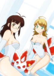  blonde_hair brown_eyes brown_hair cosplay crossover fish glasses goldeen goldeen_(cosplay) green_eyes hiropon_(iianbe) hoshii_miki idolmaster kasumi_(pokemon) kasumi_(pokemon)_(cosplay) leotard long_hair pokemon pokemon_(anime) wink 