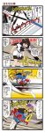  4koma black_hair blue_hair comic dei_shirou food fruit gradient_hair hat highres hijiri_byakuren hinanawi_tenshi multicolored_hair multiple_girls orenji_zerii peach red_eyes ribbon shameimaru_aya tokin_hat touhou translated translation_request 