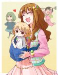  abekawa baby_carrier bare_shoulders birthmark coveralls dress futaba_anzu hair_ornament idolmaster idolmaster_cinderella_girls jewelry moroboshi_kirari multiple_girls oikawa_shizuku pantyhose pitchfork running skirt smile sweatdrop takagaki_kaede 