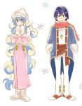  1girl bad_id blue_hair boots couple dress hands_in_pockets hat mittens multicolored_hair nia_teppelin pink_dress scarf simon smile snowflakes tengen_toppa_gurren_lagann two-tone_hair winter 