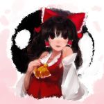  :d black_hair bow detached_sleeves error face faux_traditional_media flat_chest gouache_(medium) hair_bow hair_ornament hakurei_reimu highres japanese_clothes long_hair maccha_cocoa miko necktie open_mouth red_eyes smile solo touhou traditional_media yin_yang 