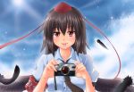  :p armband black_hair blush breasts brown_hair bust camera collarbone dress_shirt feathers hat impossible_clothes impossible_shirt looking_at_viewer necktie outdoors red_eyes ribbon shameimaru_aya shirt short_hair sky smile solo tokin_hat tongue tongue_out touhou try wings 