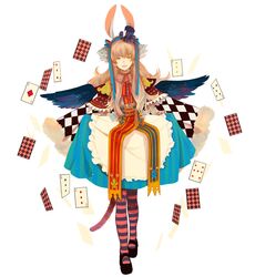  card cards checkered dress floating_card mary_janes oka_(a.m.) original pantyhose pink_legwear playing_card playing_cards purple_legwear shoes solo striped striped_legwear striped_pantyhose tail wings 