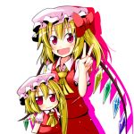  &gt;:3 :d ascot blonde_hair blush bow chibi dual_persona fang flandre_scarlet hat ichimi open_mouth red_eyes short_hair side_ponytail smile touhou v wings 