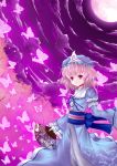 butterfly cherry_blossoms fan folding_fan ghost hat japanese_clothes kimono long_hair moon night pink_eyes pink_hair saigyouji_yuyuko solo touhou 