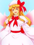  1girl blonde_hair blue_sky blush bow bowtie brown_eyes capelet dress fairy_wings hair_bow happy hat highres kakone lily_white lips lipstick long_hair long_sleeves makeup open_mouth parted_lips payot pink_dress red_bow sash sky smile solo teeth touhou white_hat wide_sleeves wings 