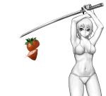  armpits arms_up bare_shoulders bikini breasts cleavage collarbone cutting food fruit hair_between_eyes highres hips holding holding_up lips looking_at_viewer metal_akira midriff monochrome mound_of_venus navel original payot red_eyes ribs serious short_hair sideboob simple_background solo spot_color standing strawberry swimsuit sword thighs underboob weapon white white_background white_bikini white_hair white_skin 