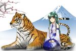  detached_sleeves eg_(1con) frog green_eyes green_hair hair_ornament highres kochiya_sanae long_hair sitting snake solo tiger touhou vest 