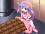  blush chocolat_maid_cafe_curio chocolate chocolate_bar eating game_cg hat minigirl nekonyan obi saliva surprised sweatdrop 