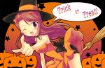  brown_eyes brown_hair hairband halloween hat idolmaster idolmaster_2 jack-o&#039;-lantern jack-o'-lantern long_hair minase_iori pointing pumpkin ryusei wink witch_hat 