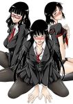  black_hair blush breasts buchou_(houkago_play) cleavage female_protagonist_(houkago_play) female_protagonist_(houkago_play_2) glasses houkago_play kneeling long_hair naughty_face necktie pantyhose school_uniform serafuku very_long_hair yellow_eyes 