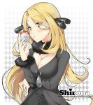  :o argyle argyle_background blonde_hair blush breast_hold breasts character_name cleavage coat fur hair_ornament heart holding holding_poke_ball large_breasts long_hair long_sleeves open_mouth piromizu poke_ball pokemon pokemon_(game) pokemon_dppt shirona_(pokemon) solo yellow_eyes 