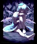  backless_outfit backlighting bare_arms bare_legs bloomers blouse blue_dress blue_eyes blue_hair bow cirno closed_mouth dress full_body gengoroumaru_(ambidextrous) hair_bow hand_on_own_knee head_rest head_tilt ice ice_wings knee_up medium_hair outstretched_leg pillarboxed puffy_short_sleeves puffy_sleeves short_dress short_sleeves sitting socks touhou underwear white_bloomers white_blouse wings 