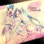  1girl aqua_eyes aqua_hair armpits blue_eyes blue_hair choker couple dress earrings formal hair_ribbon hatsune_miku jewelry kaito long_hair necktie omix ribbon romeo_and_cinderella_(vocaloid) romeo_to_cinderella_(vocaloid) strapless_dress suit twintails very_long_hair vocaloid 