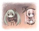  apron bat_wings blue_eyes chibi dress green_eyes green_hair halloween hat hatsune_miku long_hair megurine_luka multiple_girls pink_hair skirt striped striped_legwear striped_thighhighs thigh-highs thighhighs twintails very_long_hair vocaloid wings witch_hat yamino_haruka 