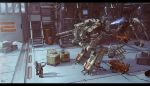  barrel cable gatling_gun gun hangar karanak letterboxed mecha robot scenery steam walker weapon 