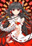  bad_id bare_shoulders black_hair bow bust chirosuke danmaku detached_sleeves fire foreshortening frills hair_bow hakurei_reimu hands highres large_bow light_smile long_hair ofuda red_eyes smile solo touhou very_long_hair x_arms 