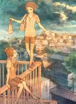  arimi bag balancing barefoot bike_shorts city cityscape cloud clouds faux_traditional_media forehead high_ponytail long_hair monochrome multiple_girls muted_color railing rooftop scenery shirt short_hair short_ponytail sitting skirt sky smile spot_color 