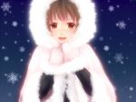  brown_eyes brown_hair coat hagiwara_yukiho hood idolmaster klemme mittens smile snow solo 