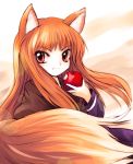  apple brown_hair eating fang food fruit highres holding holding_fruit holo red_eyes solo spice_and_wolf tail wolf_ears wolf_tail yume_shokunin 