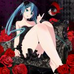  bad_id barefoot blue_eyes blue_hair cup dress flower green_hair hands hatsune_miku legs long_hair red_rose rose shuku sitting solo twintails very_long_hair vocaloid wine wine_glass 